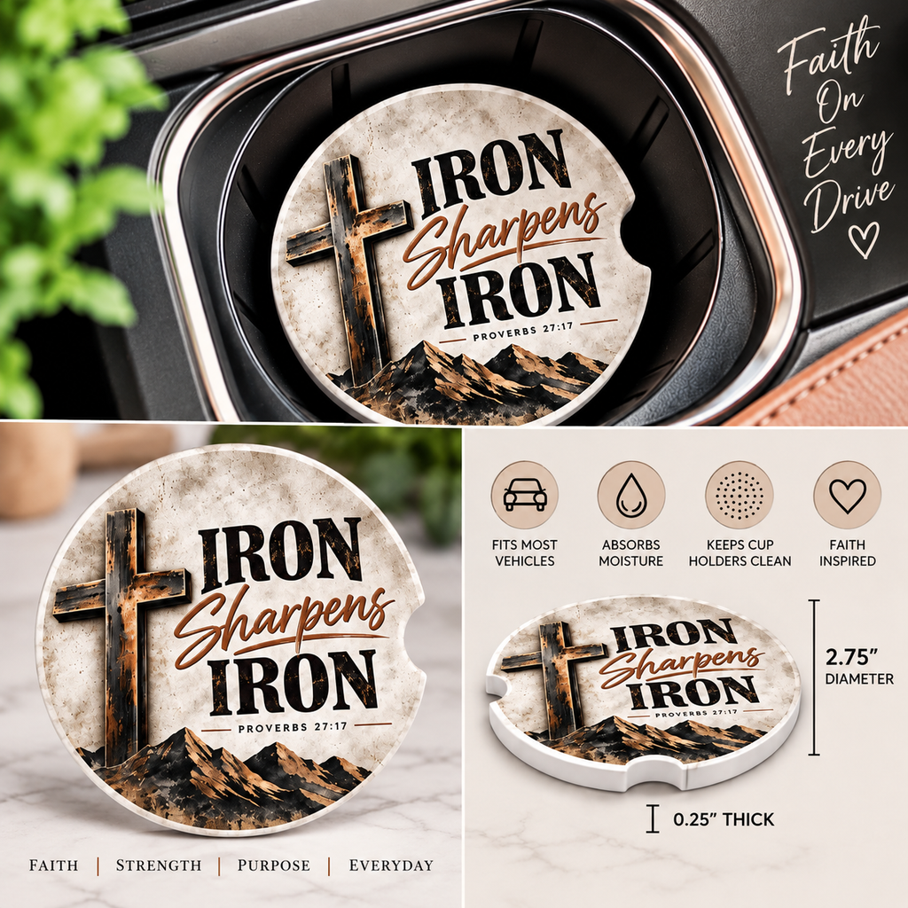 Faith on the Go - Iron Sharpens Iron Christian Car Coaster