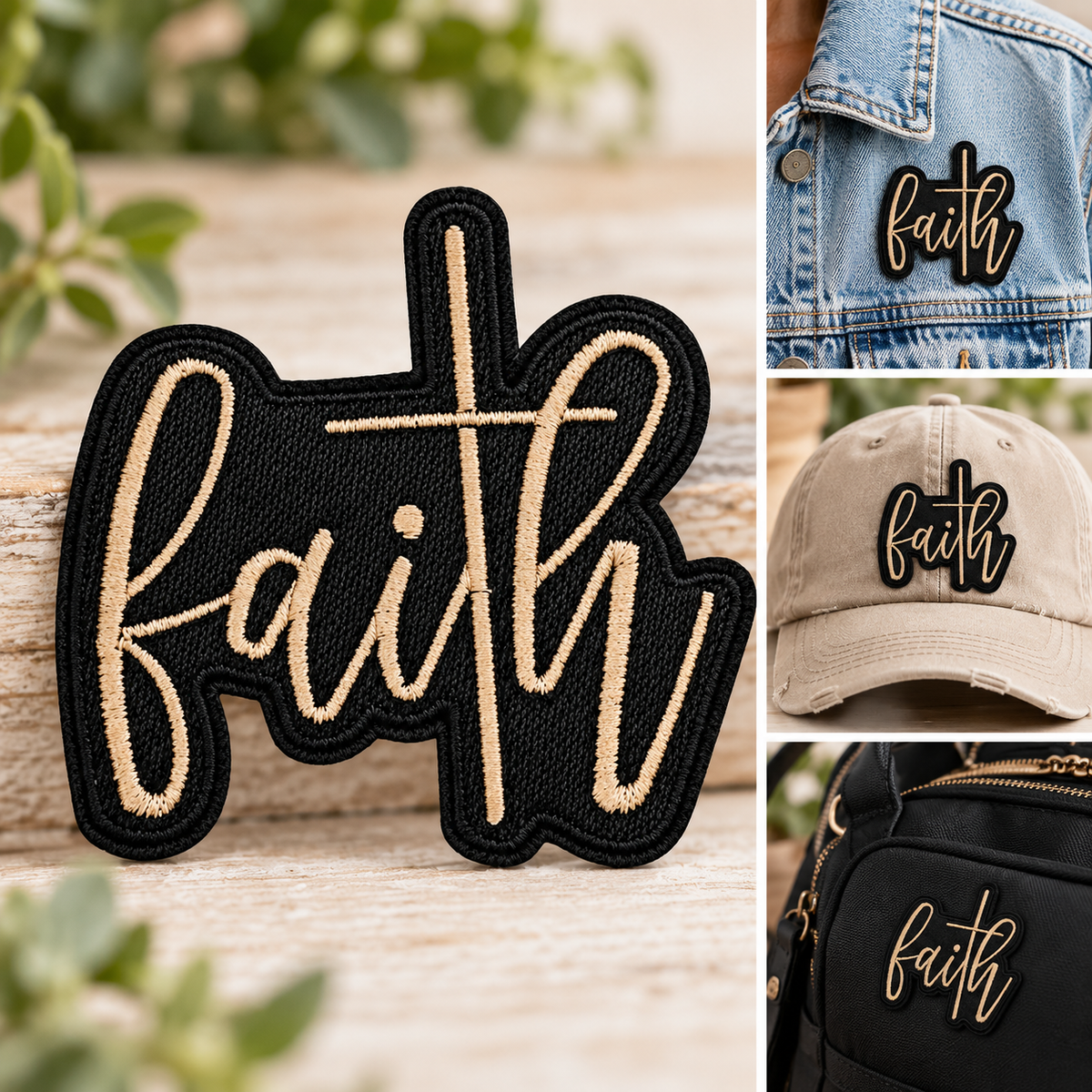 Faith Cross Embroidered Patch – Black & Cream Christian Iron-On Patch