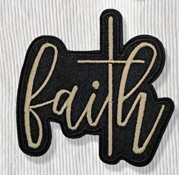 Faith Cross Embroidered Patch – Black & Cream Christian Iron-On Patch