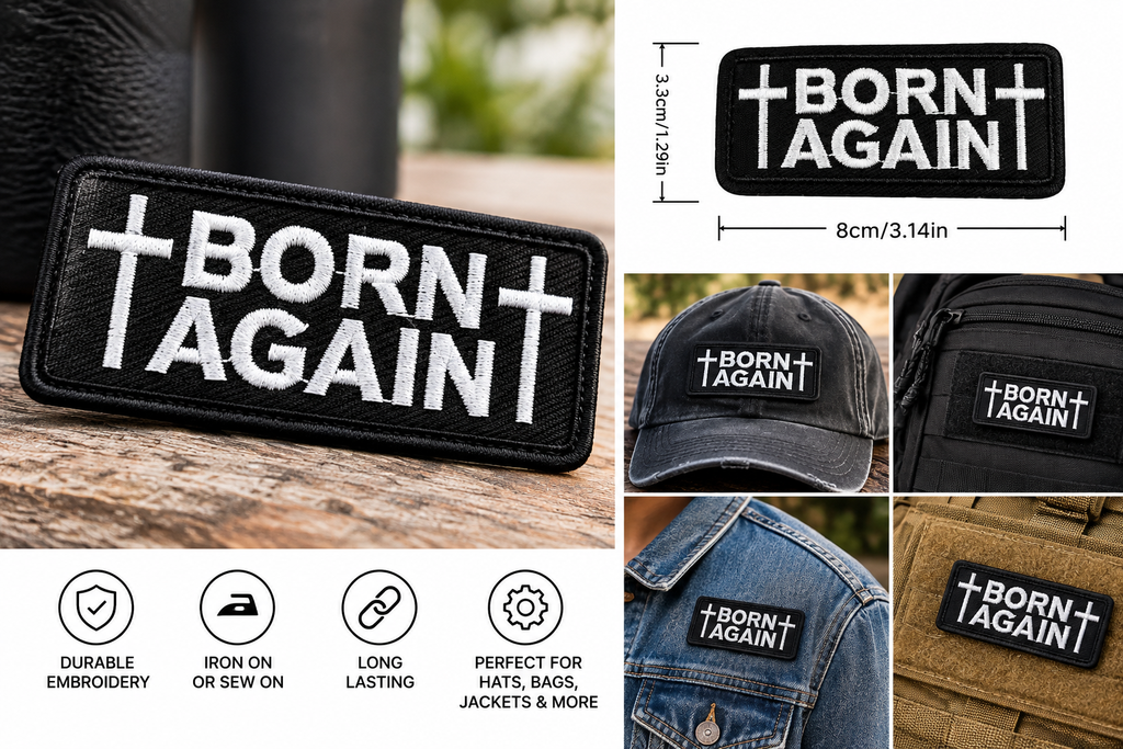 Born Again Christian Cross Embroidered Patch – Black & White Faith Patch