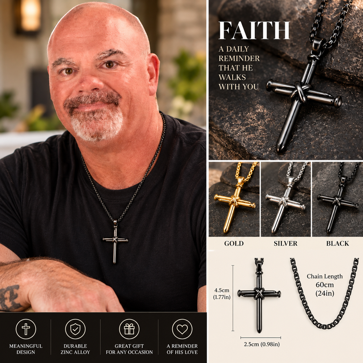 Nail Cross Necklace | Gold, Silver & Black