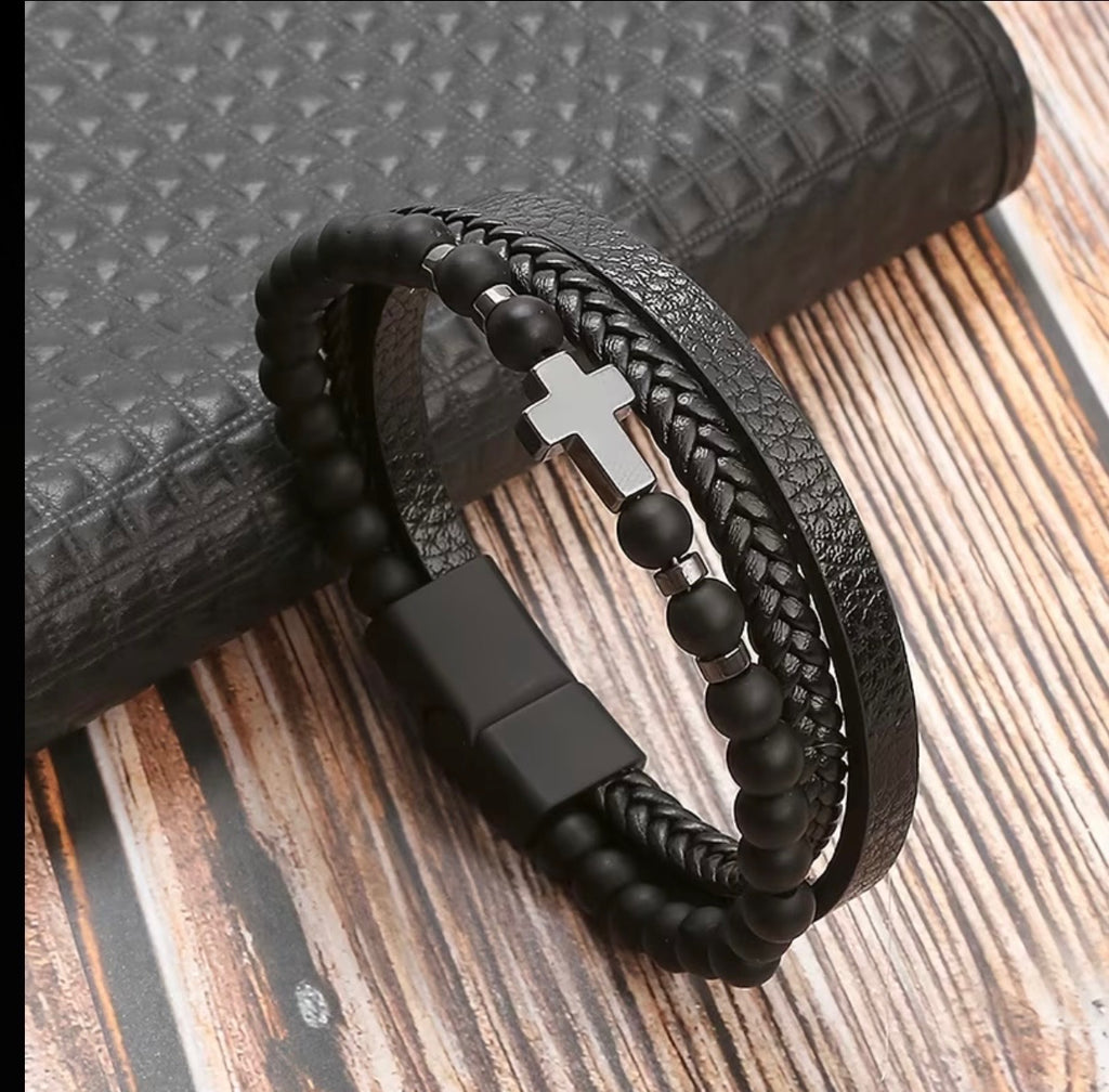 Men’s Layered Cross Bracelet | Brown or Black