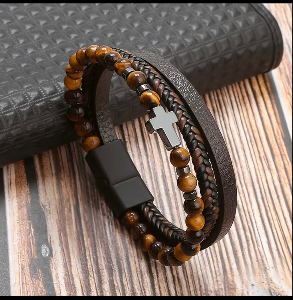 Men’s Layered Cross Bracelet | Brown or Black