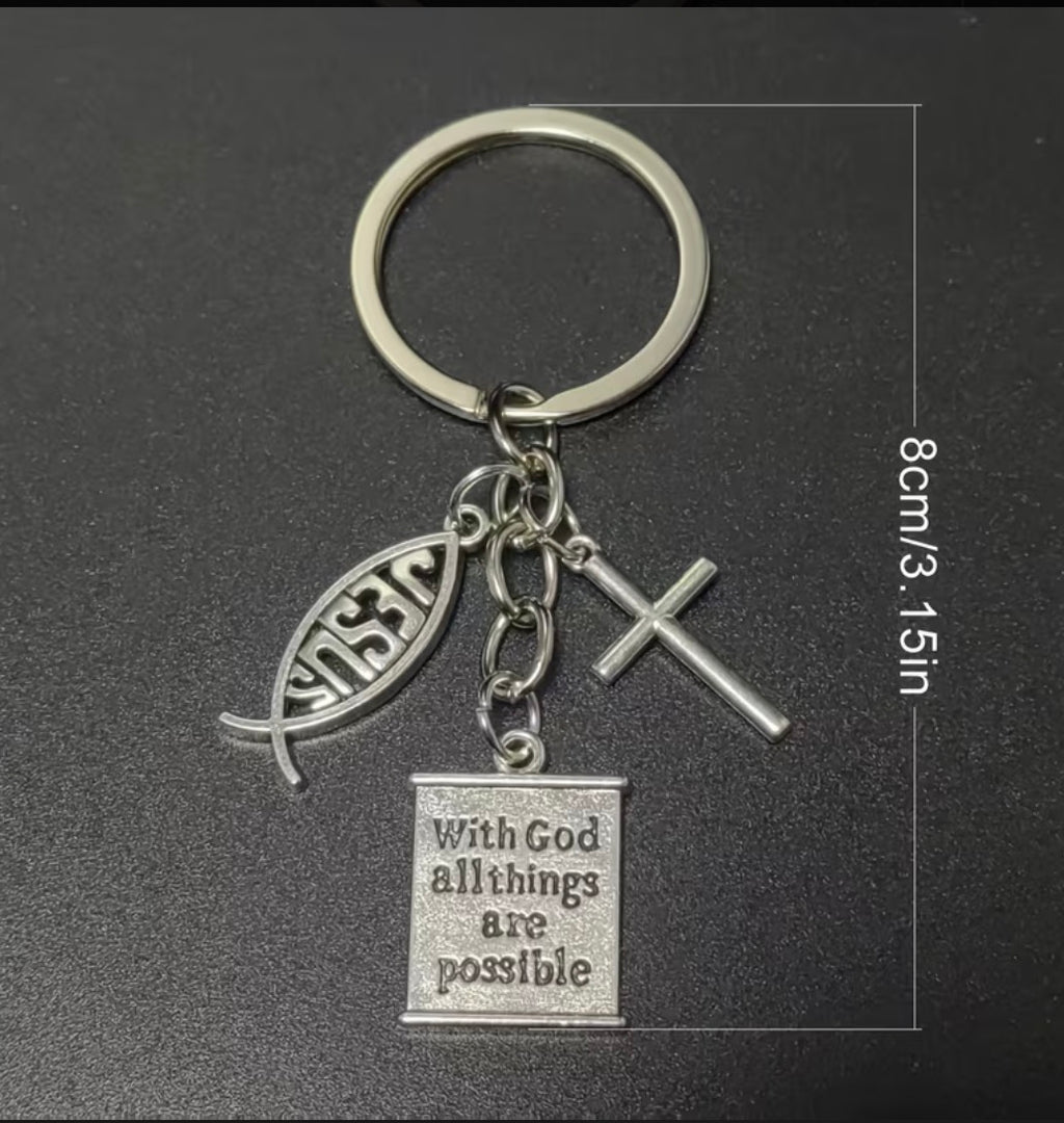 Faith Charm Keychain – Cross, Bible & Jesus Fish
