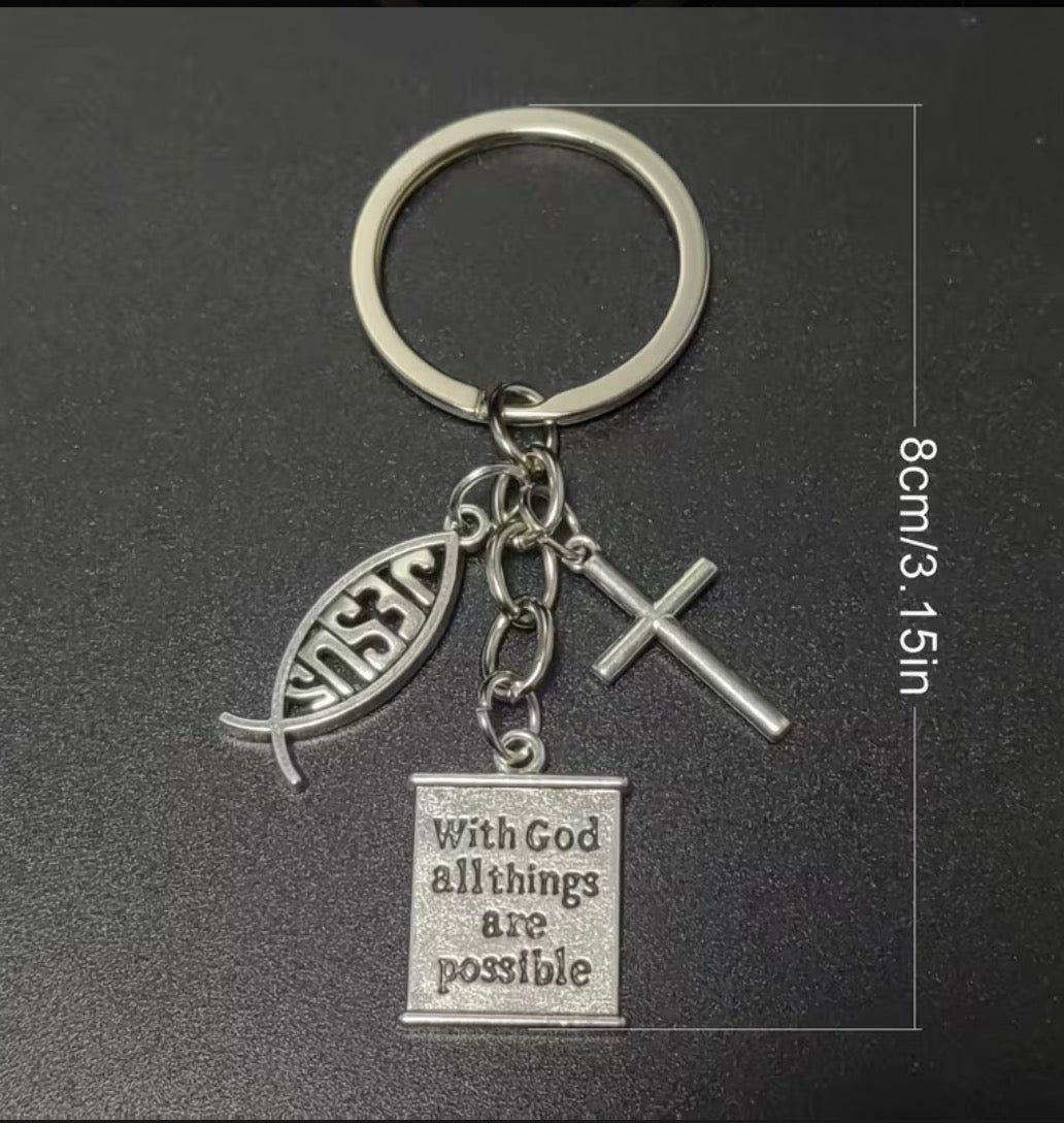 Faith Charm Keychain – Cross, Bible & Jesus Fish