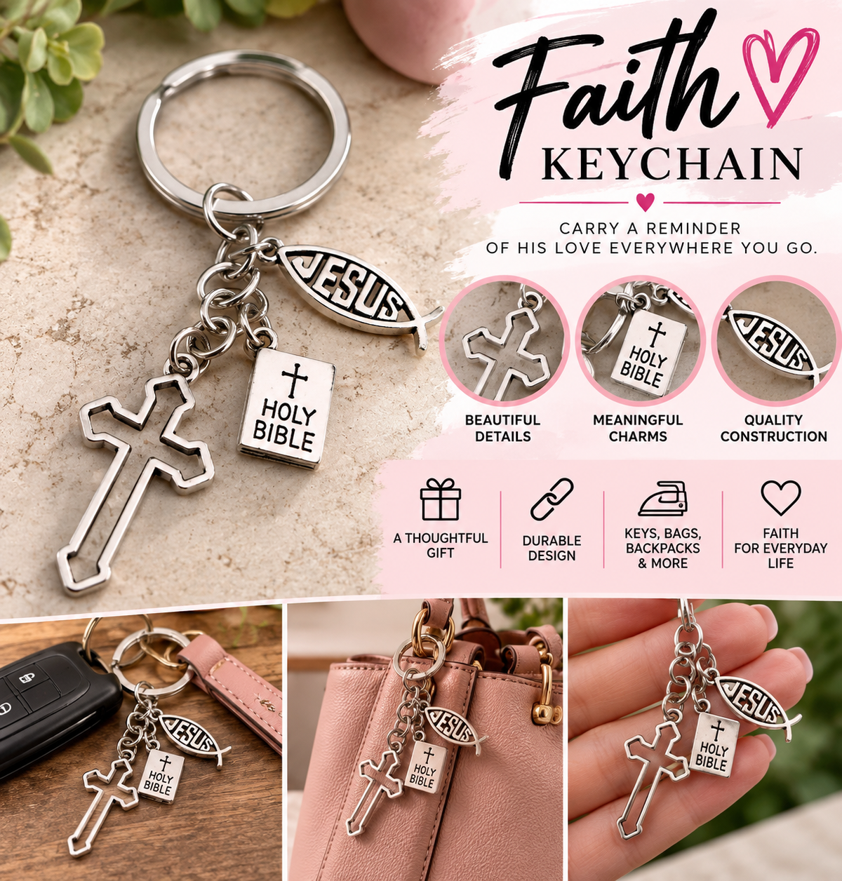 Faith Charm Keychain – Cross, Bible & Jesus Fish