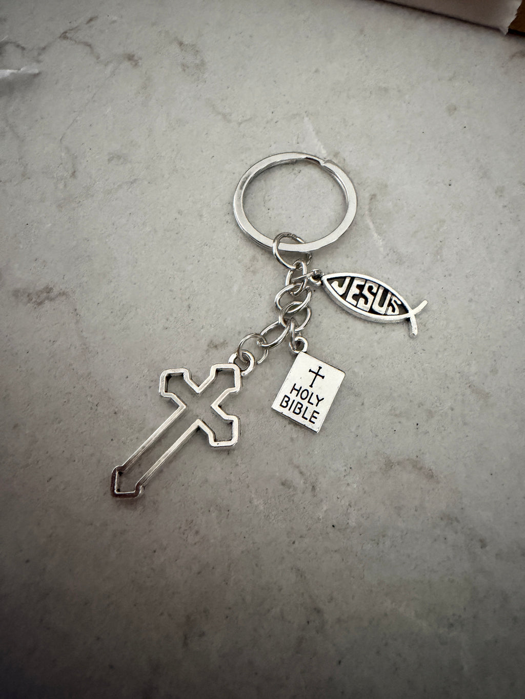 Faith Charm Keychain – Cross, Bible & Jesus Fish