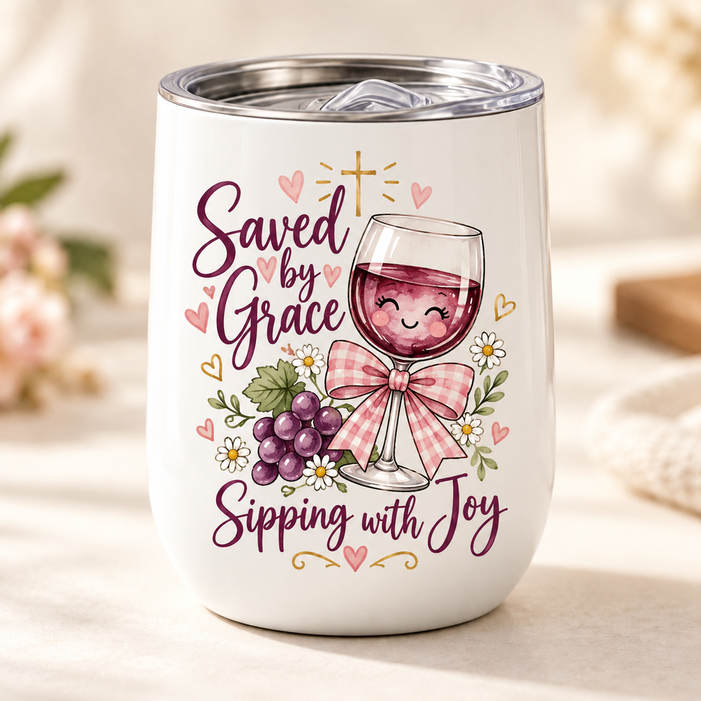 Saved by Grace, Sipping with Joy Wine Tumbler